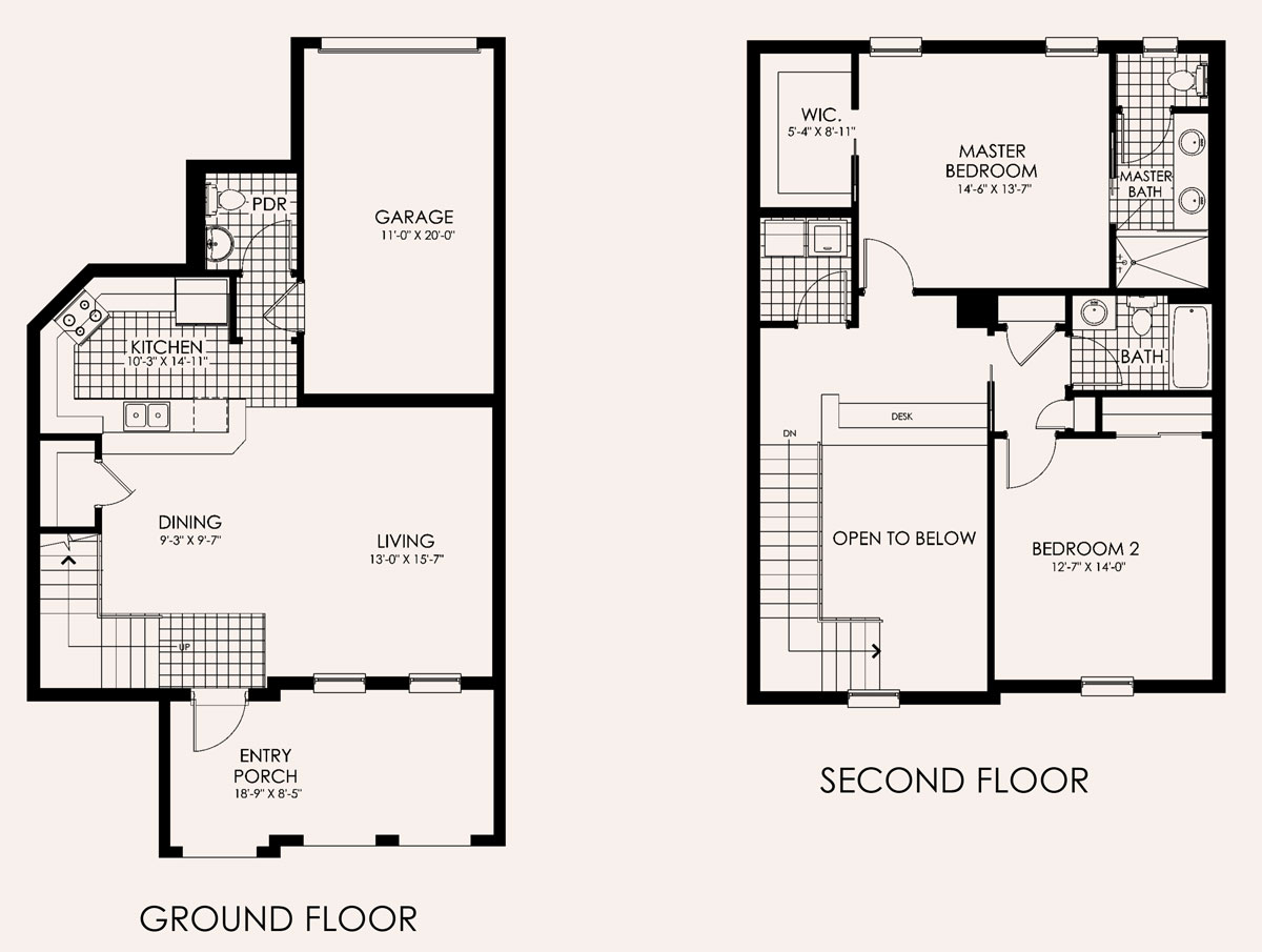 Santa Monica Townhome Floor Plan in Paseo, 2 bedroom, 2.5 bath, living room, dining room, entry porch and 1-car garage